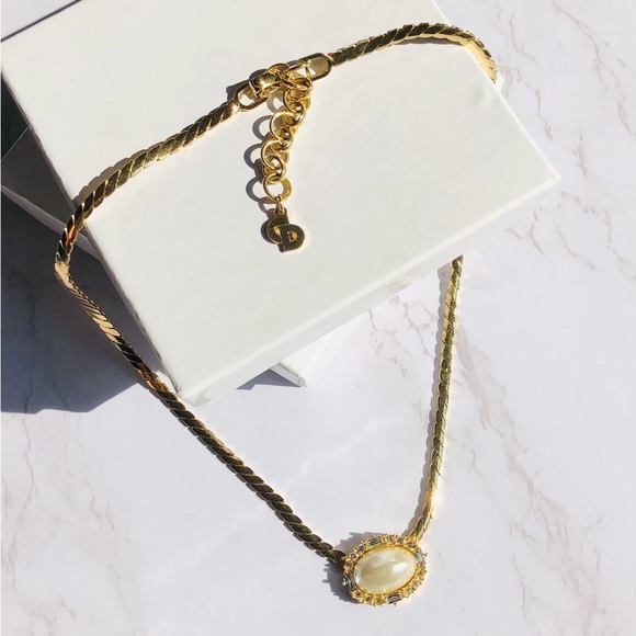 Vintage Christian Dior Faux Pearl + Crystal Necklace CD Chain Signed Adjustable - Picture 2 of 9